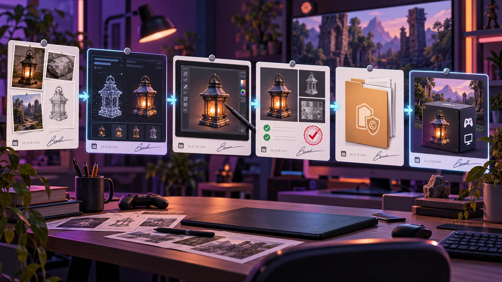A game asset moves through documented references, generation, human editing, approval, rights, and final delivery